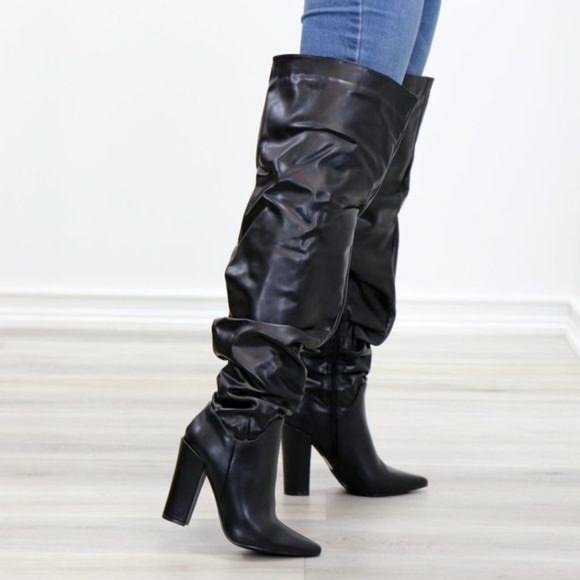 Black Synthetic Leather Thigh High Trendy Boots - Picture 6 of 16